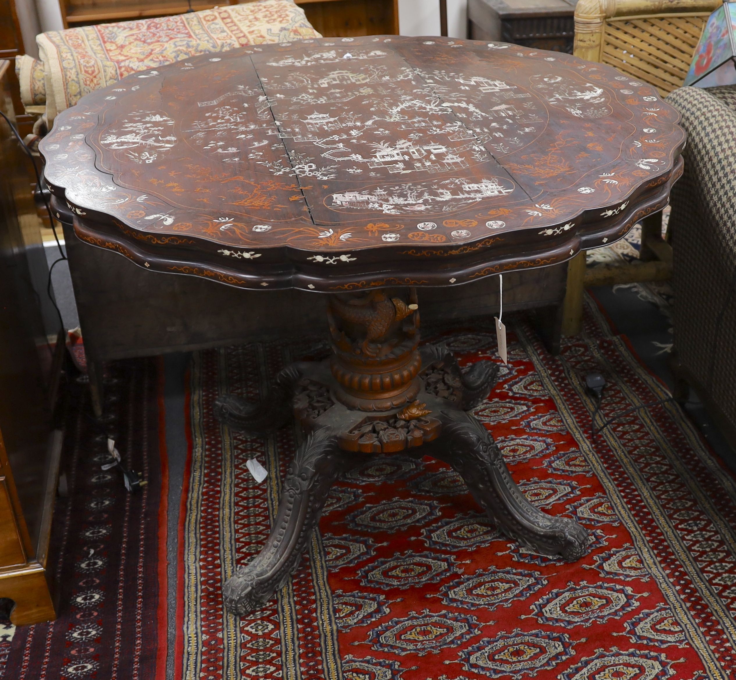 A Chinese carved hardwood circular inlaid centre table, diameter 122cm, height 87cm